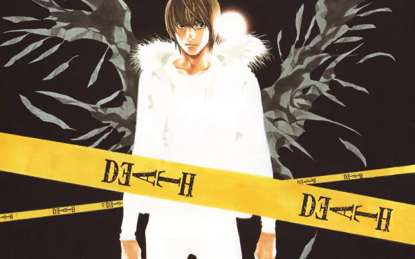 HD PC desktop wallpaper featuring Light Yagami from the anime Death Note, with dark wings and yellow Death tape crossing the image.