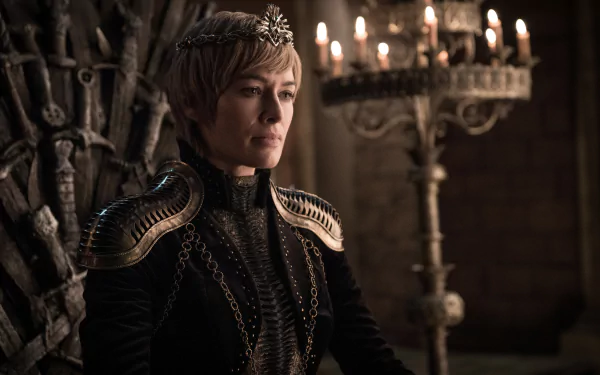 Cersei Lannister, portrayed by Lena Headey in Game of Thrones, sits regally in a dimly lit chamber, captured in stunning 8K Ultra HD wallpaper quality.