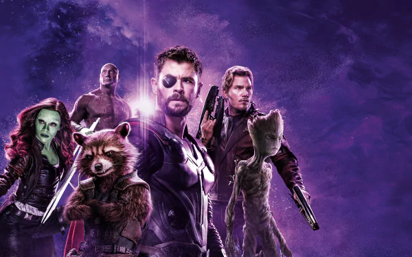 Dave Bautista Chris Pratt Chris Hemsworth Zoe Saldana Star Lord Peter Quill Groot Thor Rocket Raccoon Gamora Drax The Destroyer Avengers movie Avengers: Infinity War HD Desktop Wallpaper | Background Image