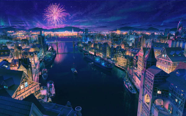 Anime-style HD wallpaper of a vibrant cityscape at night, featuring a river, bridge, boats, and spectacular fireworks under a starry sky.