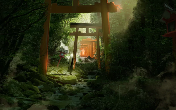 HD anime landscape wallpaper featuring a serene forest shrine with torii gates, enveloped in lush greenery and dappled sunlight, creating a tranquil and mystical atmosphere.