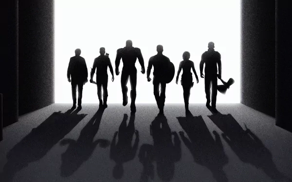 A high-definition desktop wallpaper featuring the silhouetted figures of Clint Barton, Thor, Natasha Romanoff, Steve Rogers, Tony Stark, and Bruce Banner from the movie Avengers: Endgame, walking forward with shadows behind them.