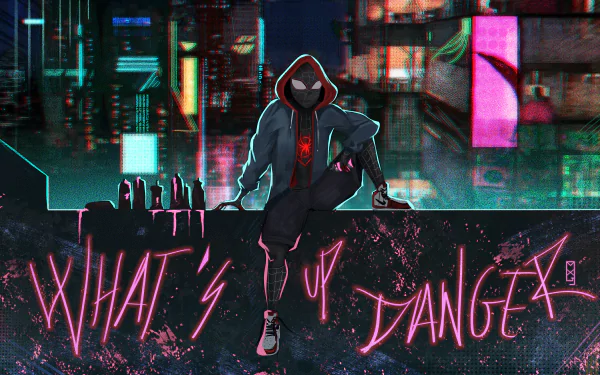 HD desktop wallpaper featuring Miles Morales as Spider-Man from the movie Spider-Man: Into The Spider-Verse, standing against a graffiti backdrop with the words What's Up Danger in neon pink.