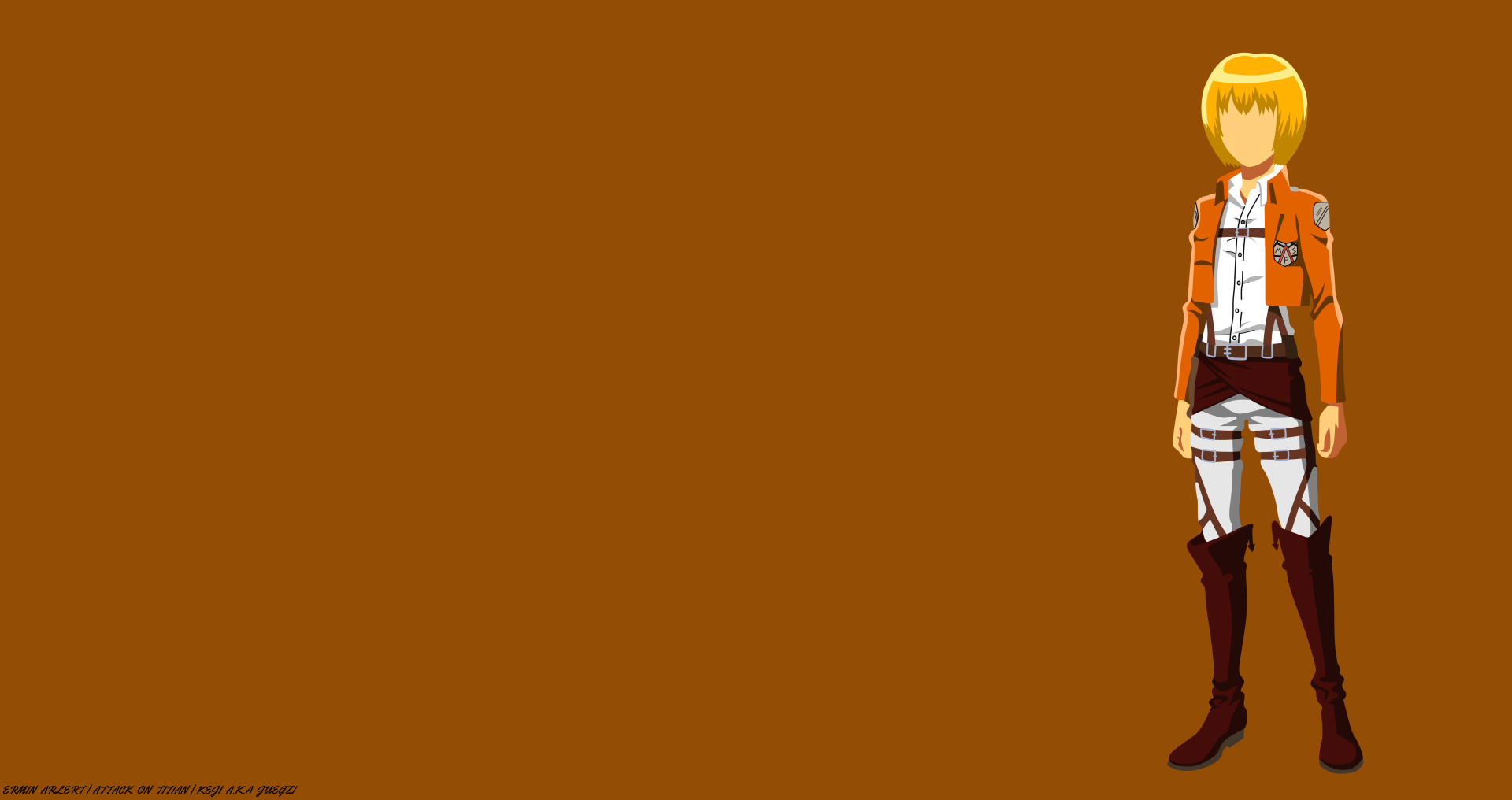 Minimalist 8K Ultra HD desktop wallpaper of Armin Arlert from Attack on Titan — simplified anime figure in Survey Corps uniform against a warm brown background.