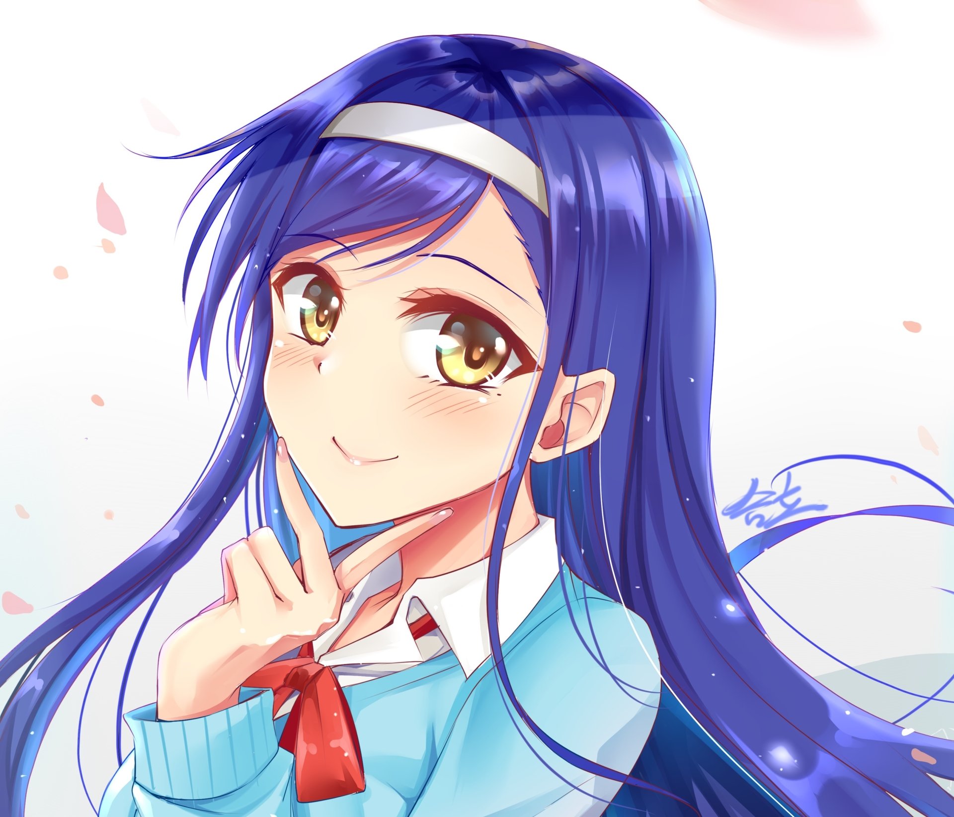 HD anime desktop wallpaper featuring Fumino Furuhashi from We Never Learn, showcasing her with long blue hair, golden eyes, and a gentle smile.