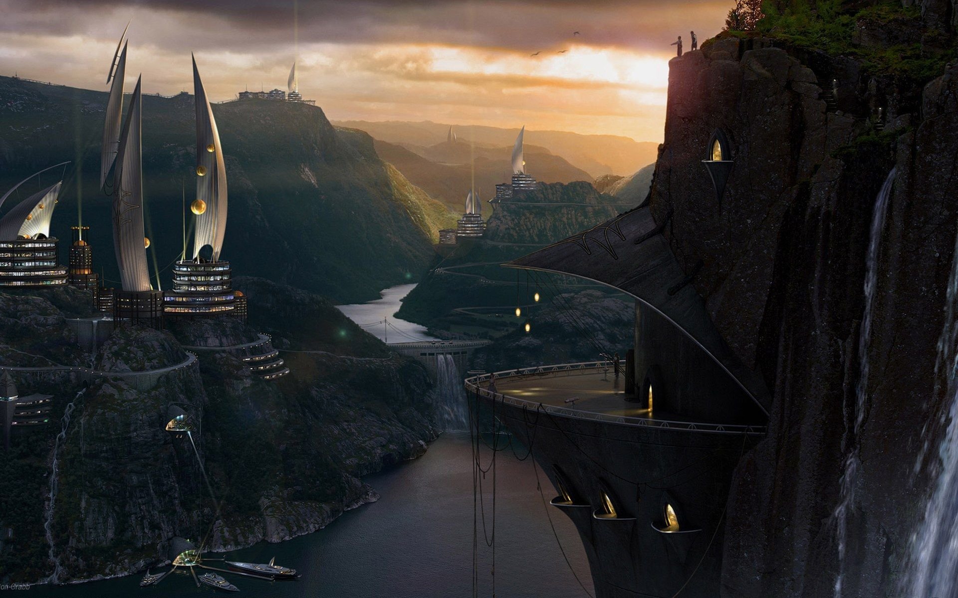 HD wallpaper featuring a stunning sci-fi cityscape with futuristic buildings clinging to cliffs and a serene river cutting through lush, green valleys under a dramatic sunset sky.