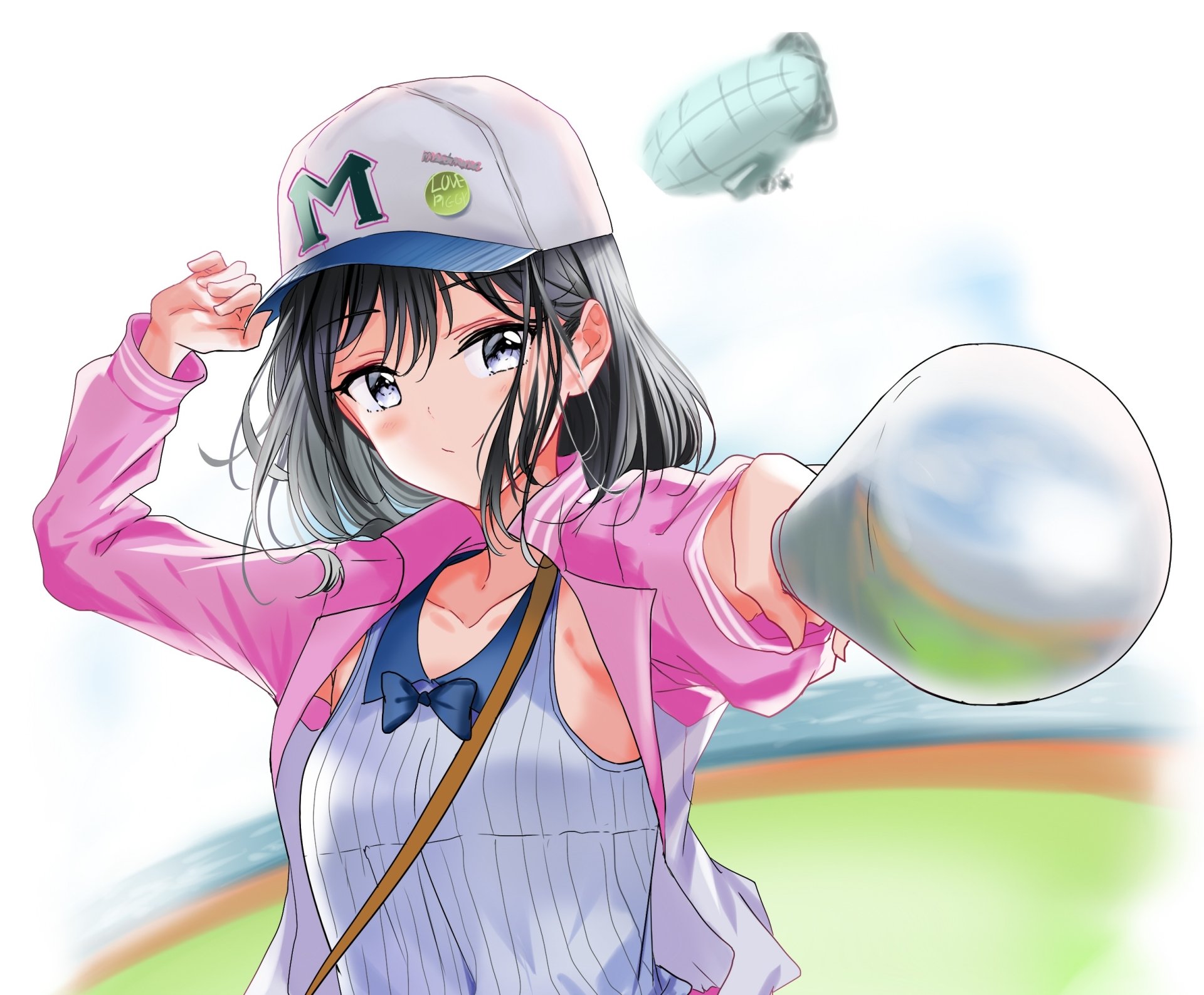 HD anime desktop wallpaper featuring Aki Adagaki from Masamune-kun's Revenge, wearing a cap and pink jacket, holding a baseball glove ready to catch.