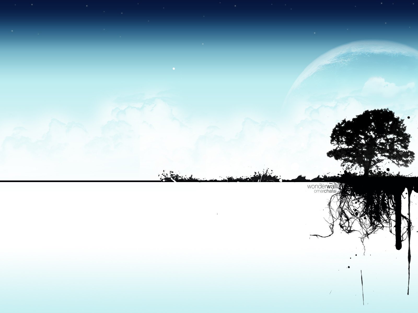 Artistic blue-themed HD desktop wallpaper featuring a silhouette of a tree with exposed roots against a pale sky and large moon in the background.