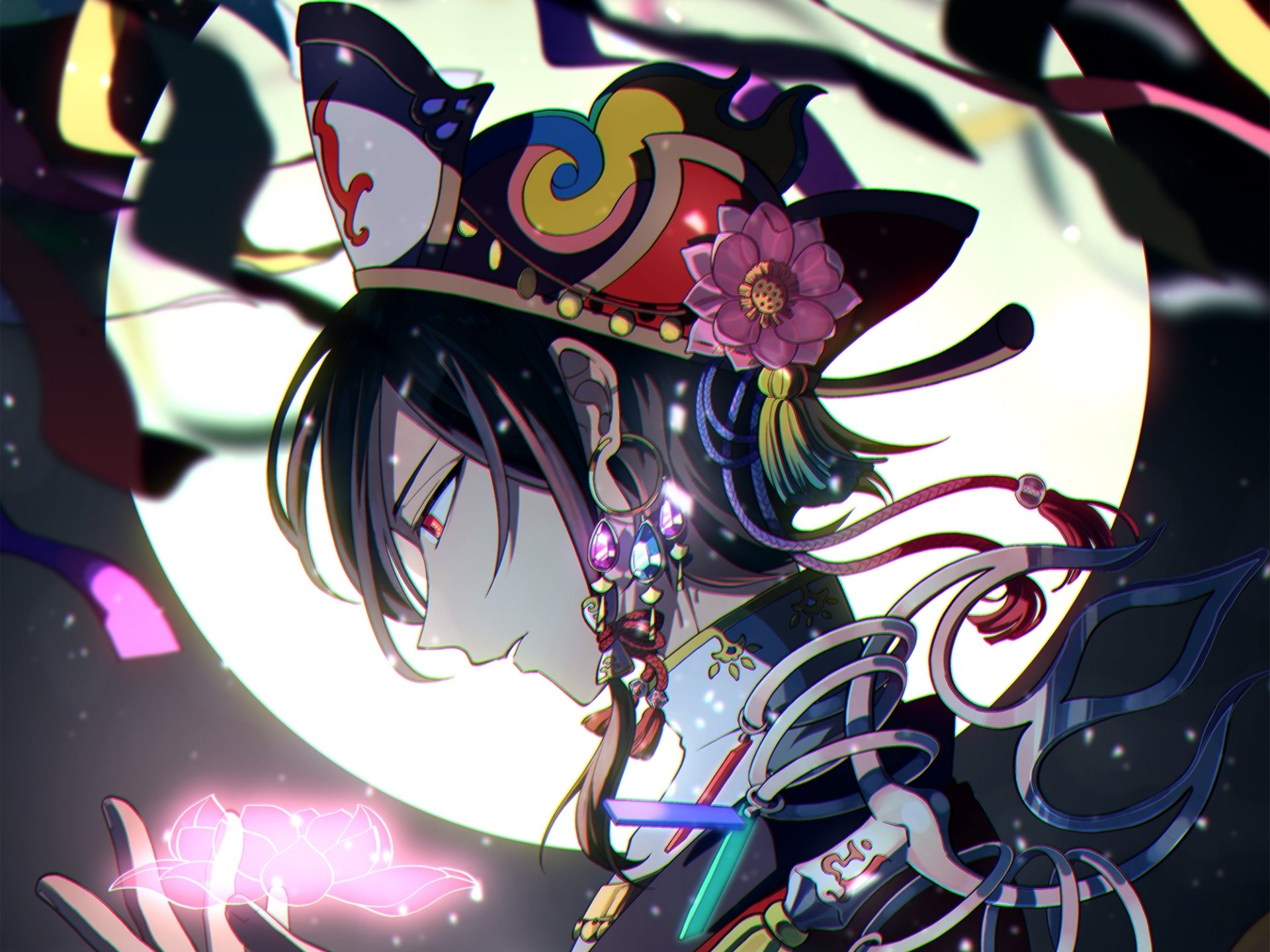 Download Black Hair Night Moon Flower Red Eyes Anime Original Anime Night HD Wallpaper by アヅミイノリ