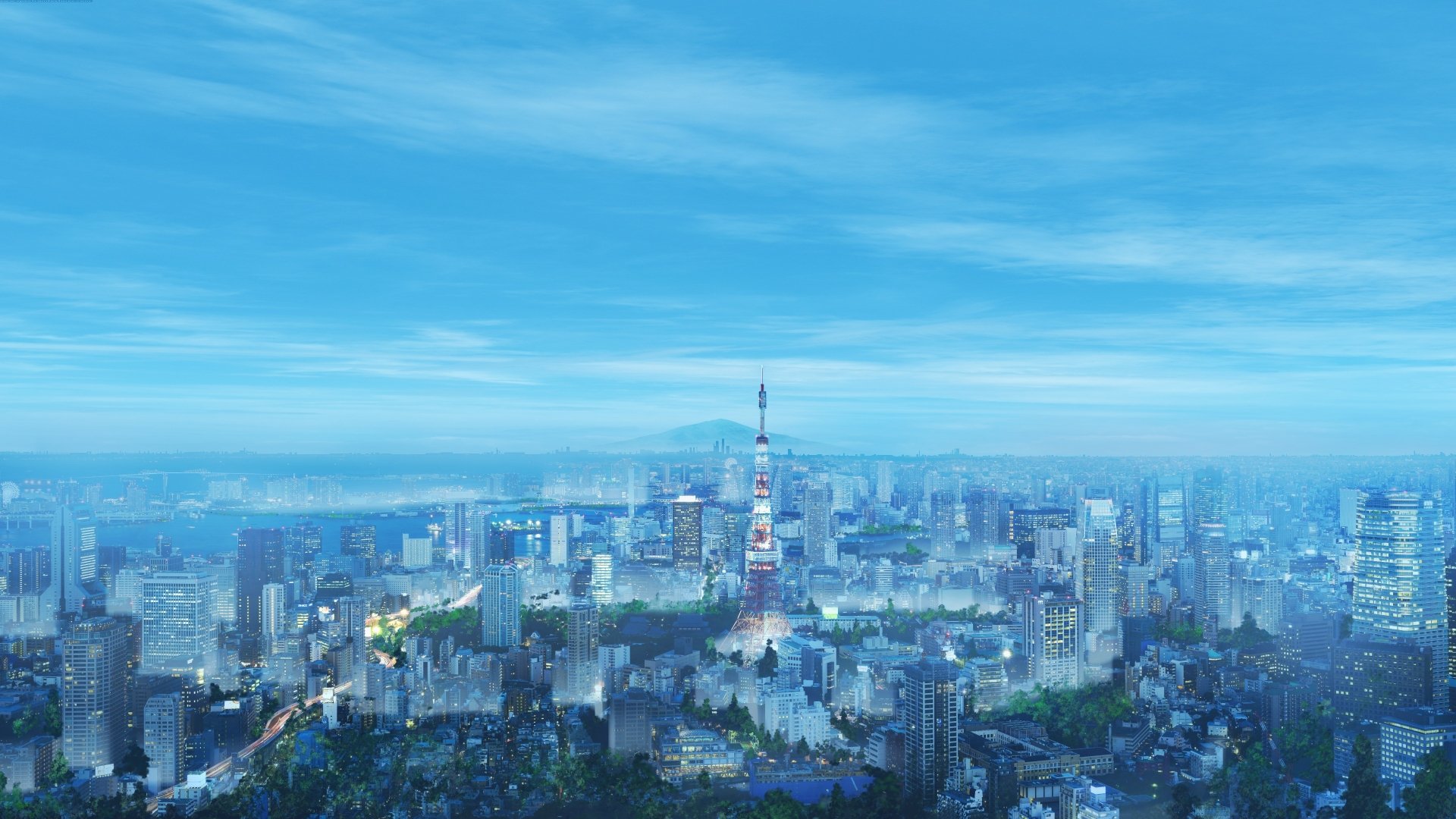 HD anime-style Tokyo cityscape wallpaper showing a breathtaking aerial view with a focus on Tokyo Tower, under a clear blue sky.