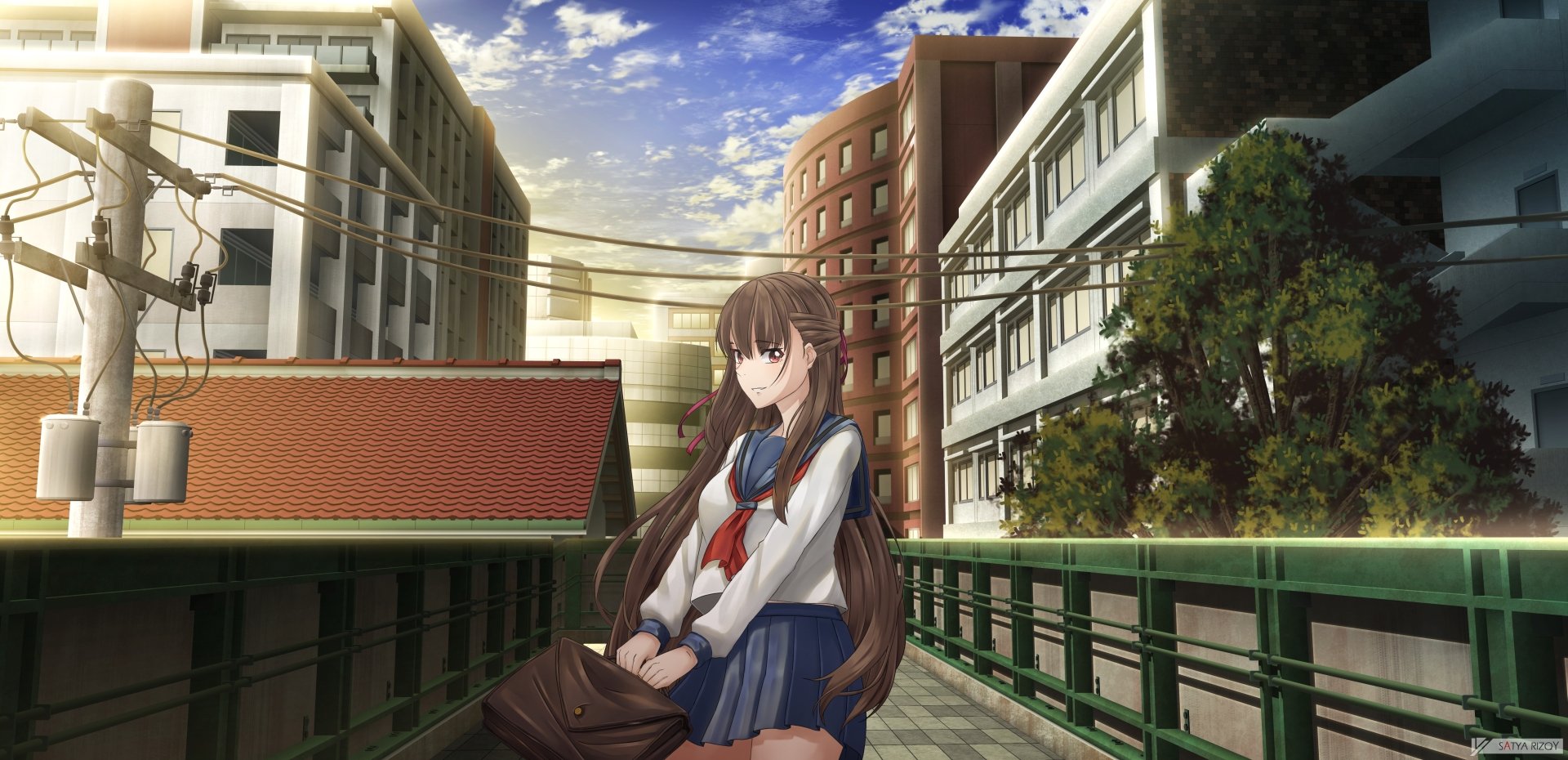 Anime original 5K Ultra HD PC desktop wallpaper: brown‑haired schoolgirl in a sailor school uniform sits on a green bridge with urban buildings and a blue sky at sunset.