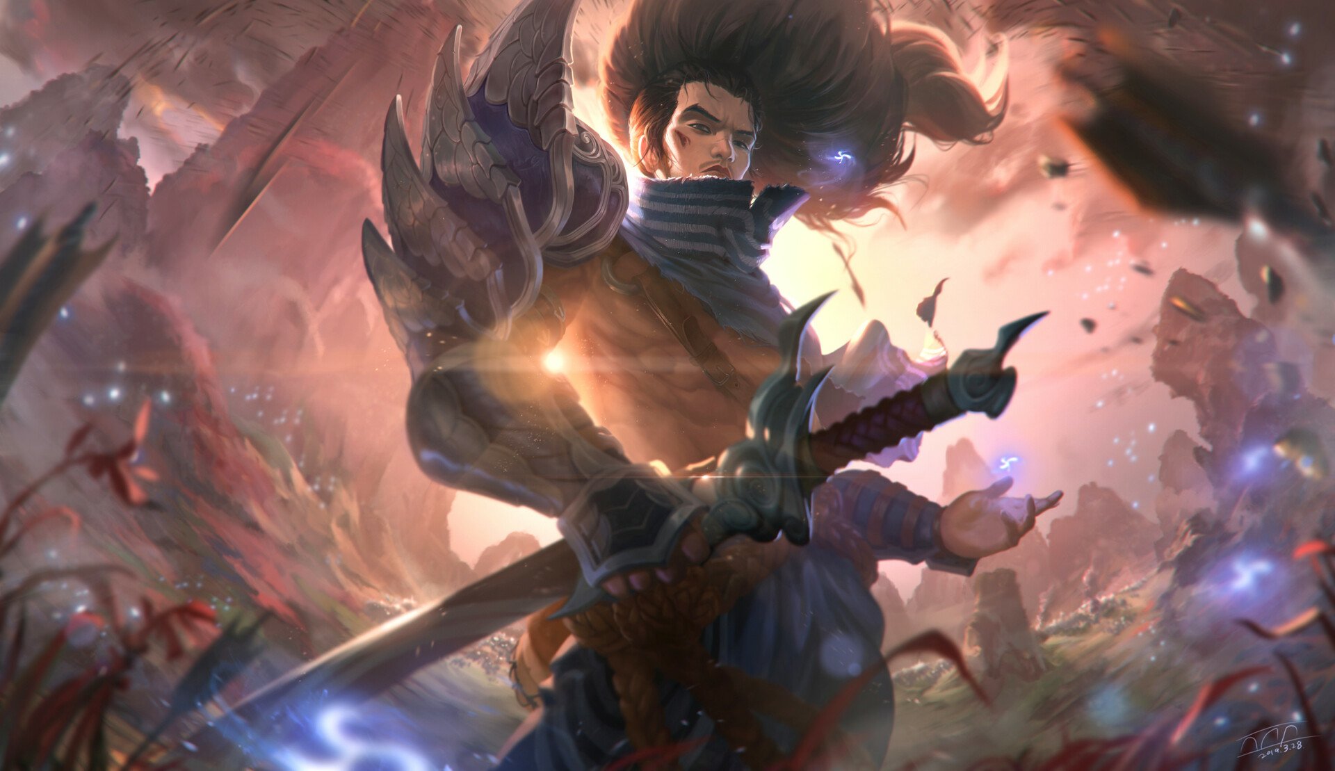 Yasuo (League of Legends), video game — wind-driven swordsman with katana amid swirling petals and storms; HD PC desktop wallpaper/background
