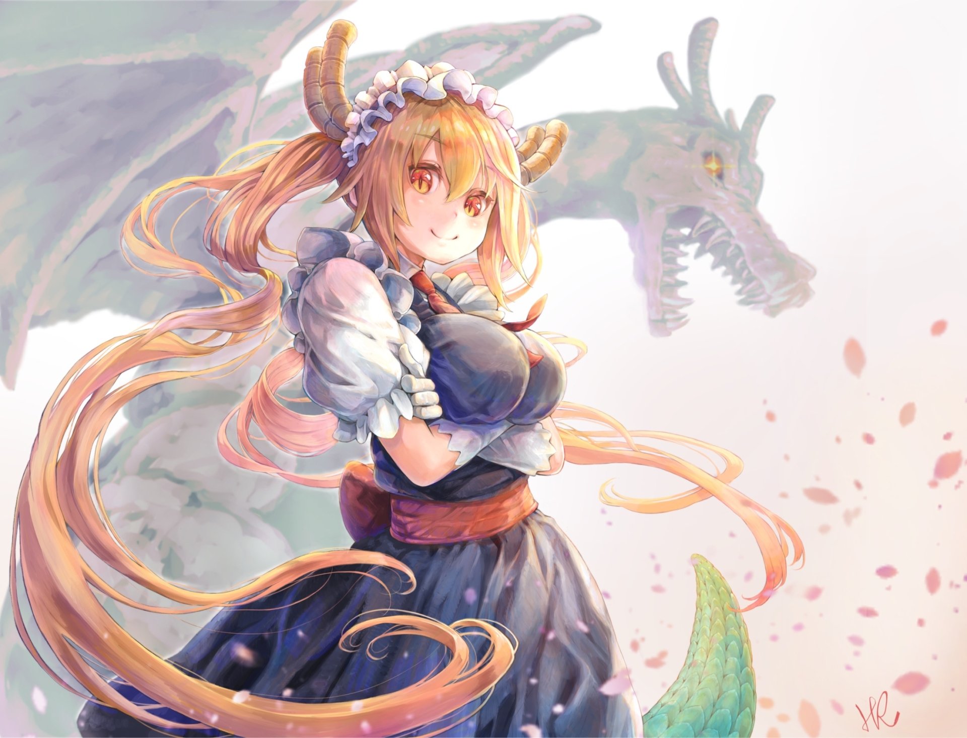 HD PC desktop wallpaper/background of Tohru (Miss Kobayashi's Dragon Maid) — anime maid with horns, flowing hair and a translucent dragon against a soft pastel backdrop.