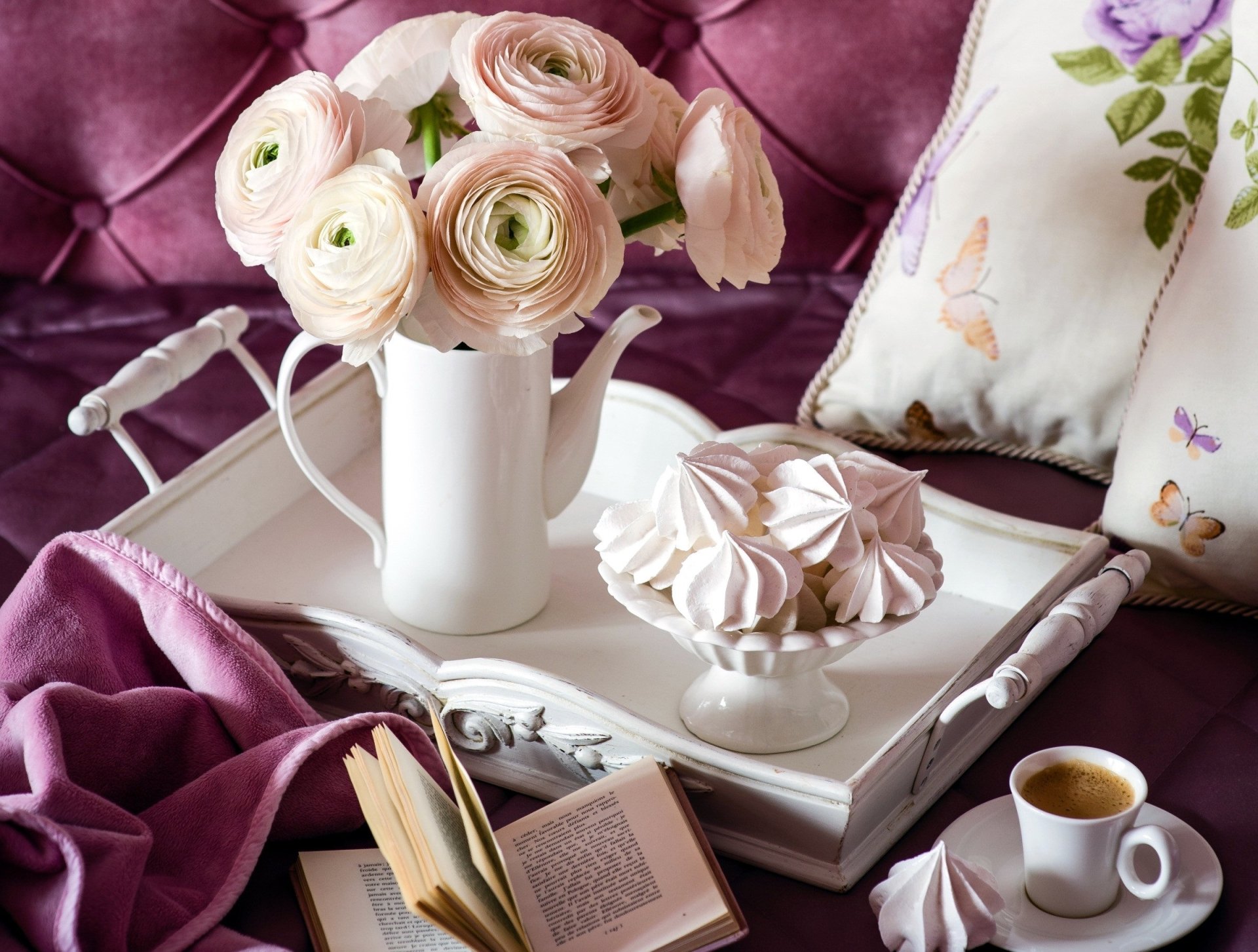Download Ranuncula Meringue Kisses Book Coffee Flower Photography Still Life HD Wallpaper
