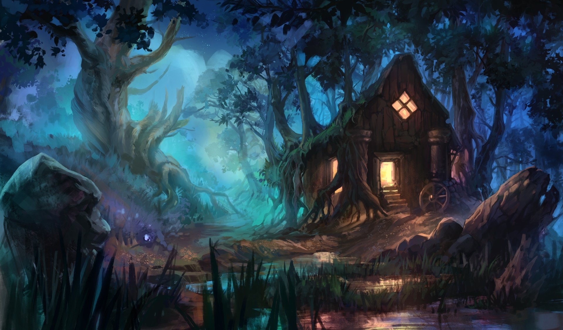 Download Forest Night Fantasy House Hd Wallpaper By Anna Anikeyka