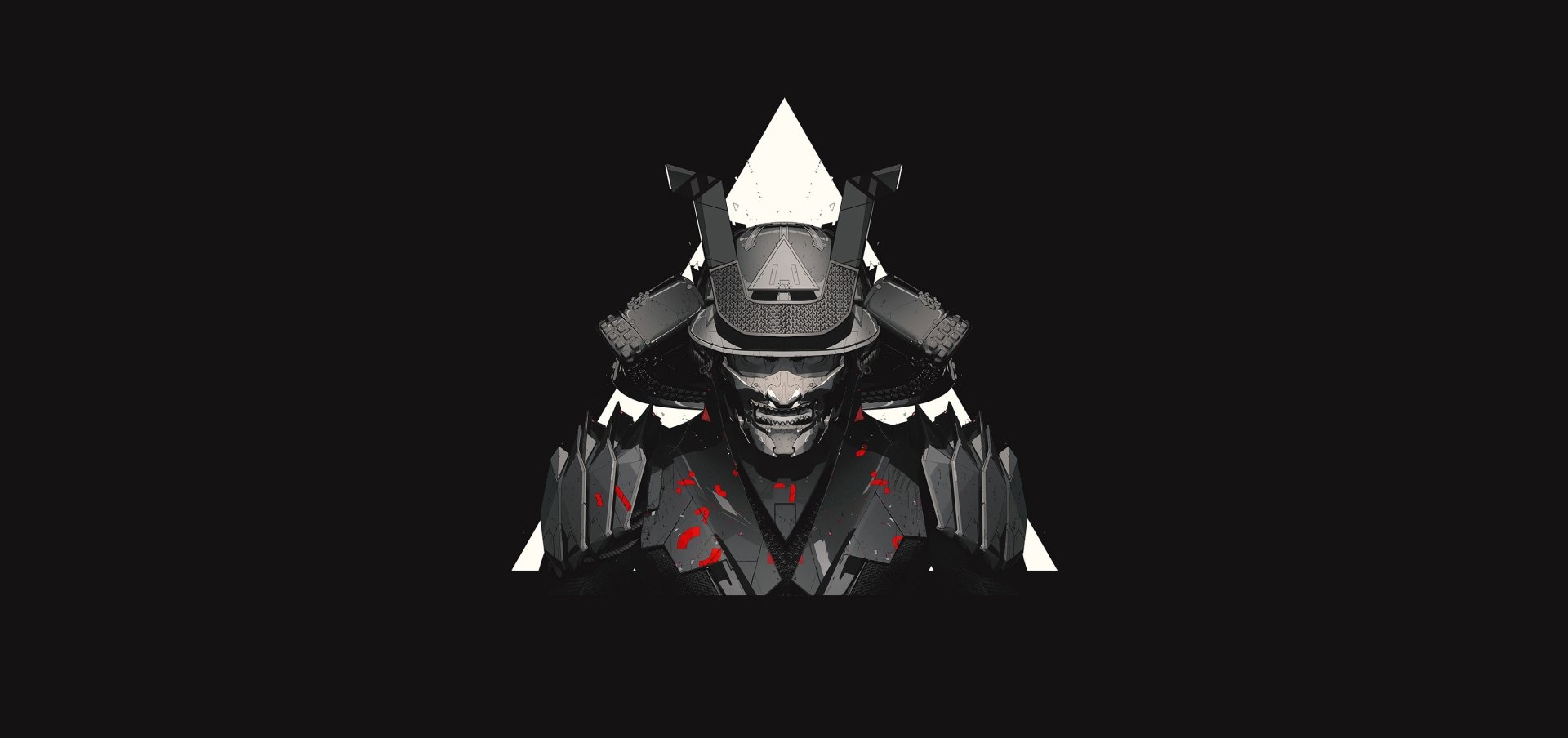 HD fantasy samurai artwork features a dark, armored warrior with glowing red accents set against a black background, designed as a striking PC desktop wallpaper.