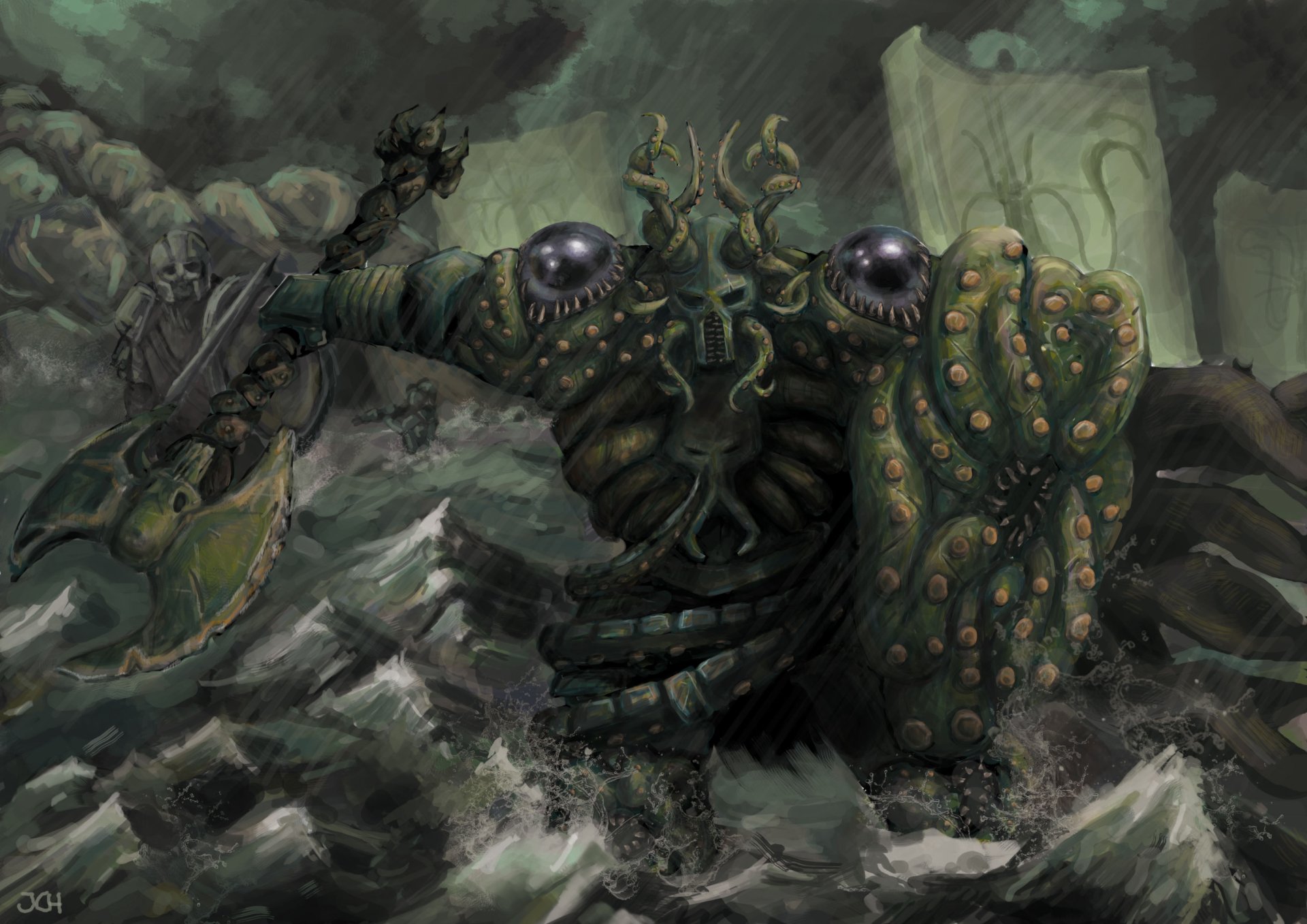 Victarion Greyjoy from A Song of Ice and Fire depicted as a dark, armored figure with a tentacle-like beard, rising from turbulent waters in a high-definition fantasy desktop wallpaper.