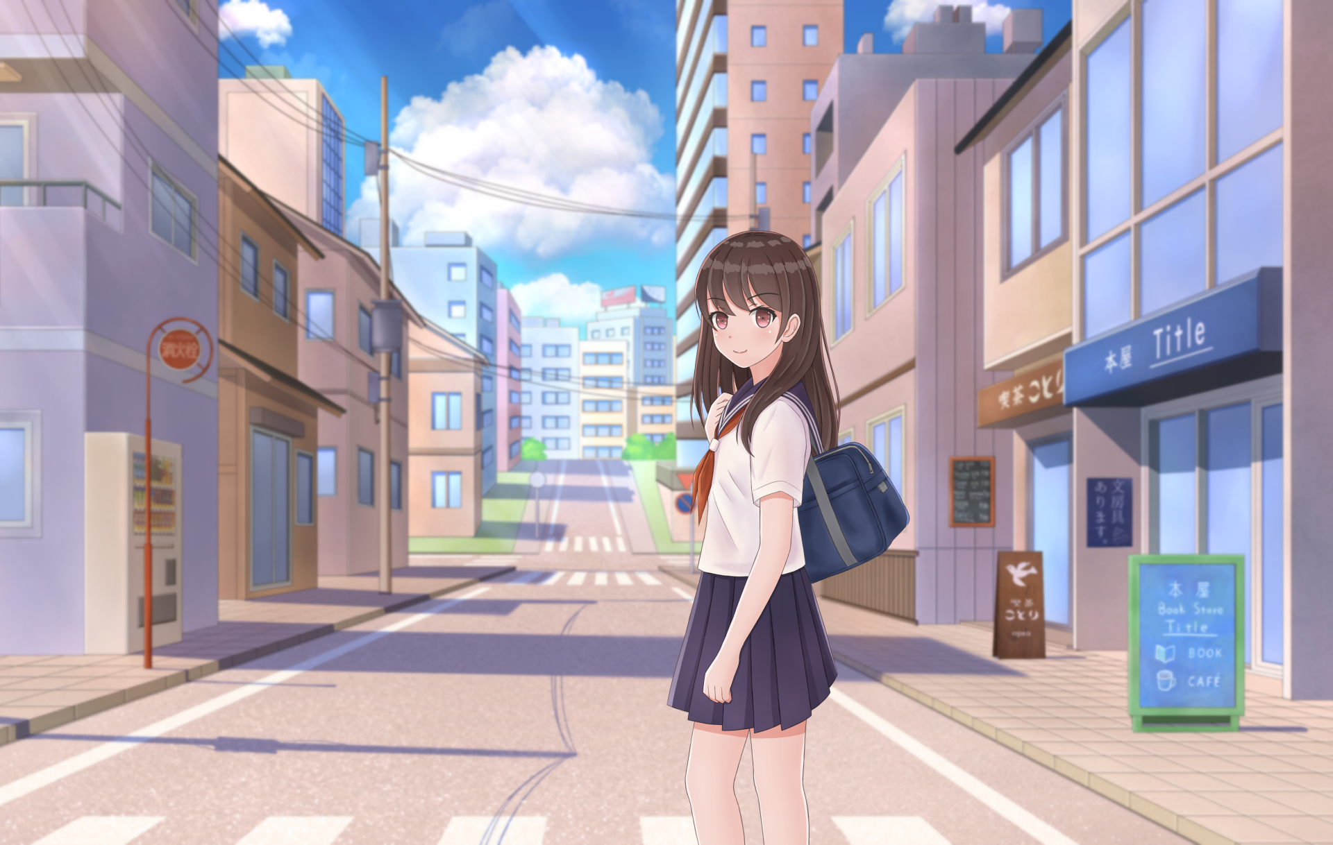 Anime-style girl with long brown hair and pink eyes in a school uniform stands on a city road carrying a bag, rendered in 4K Ultra HD as an original anime city desktop wallpaper.
