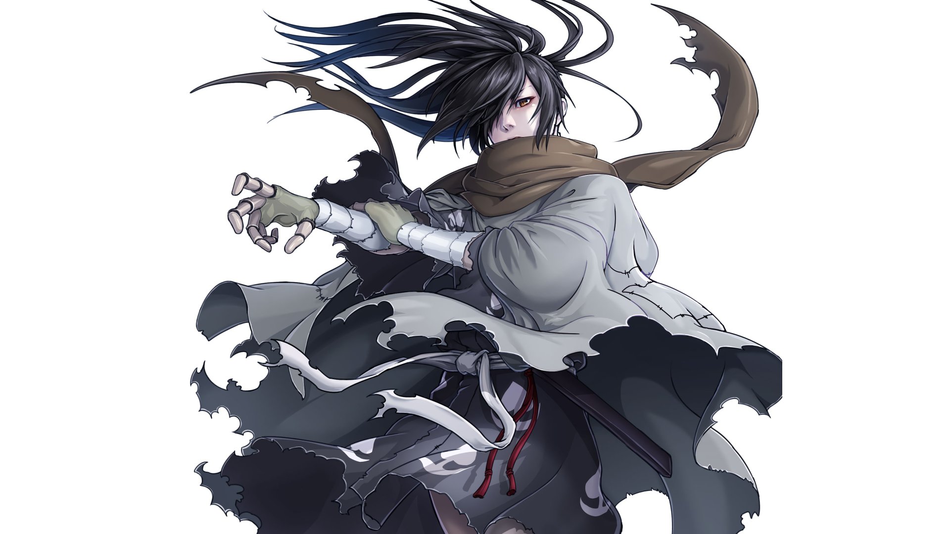 Hyakkimaru (Dororo) from the Dororo anime — 4K Ultra HD PC desktop wallpaper of him in a tattered cloak, flowing hair, bandaged arms, poised and intense.