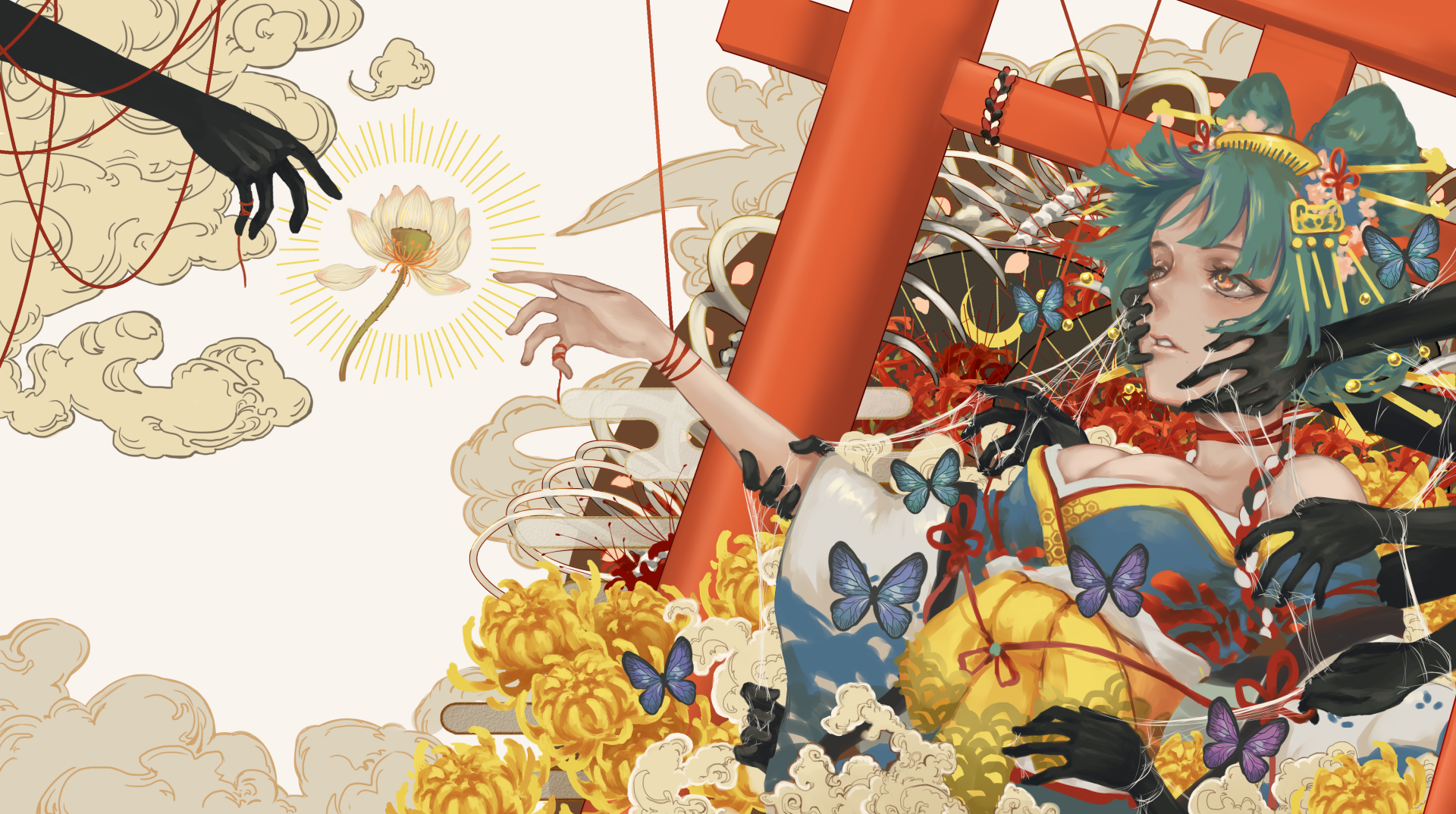 4K Ultra HD PC desktop wallpaper of Hatsune Miku in ornate kimono by a torii, surrounded by chrysanthemums and flowers, reaching with an outstretched hand toward a butterfly — anime Vocaloid scene.