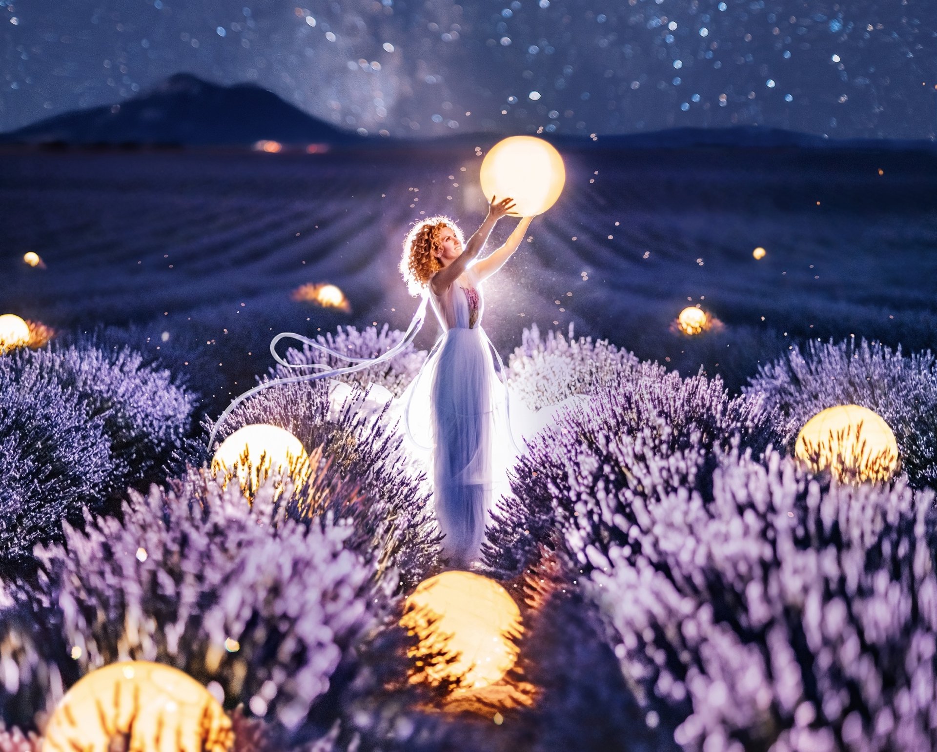 Download Flower Redhead Lavender Dress Night Light Woman Model HD Wallpaper by Kristina Makeeva