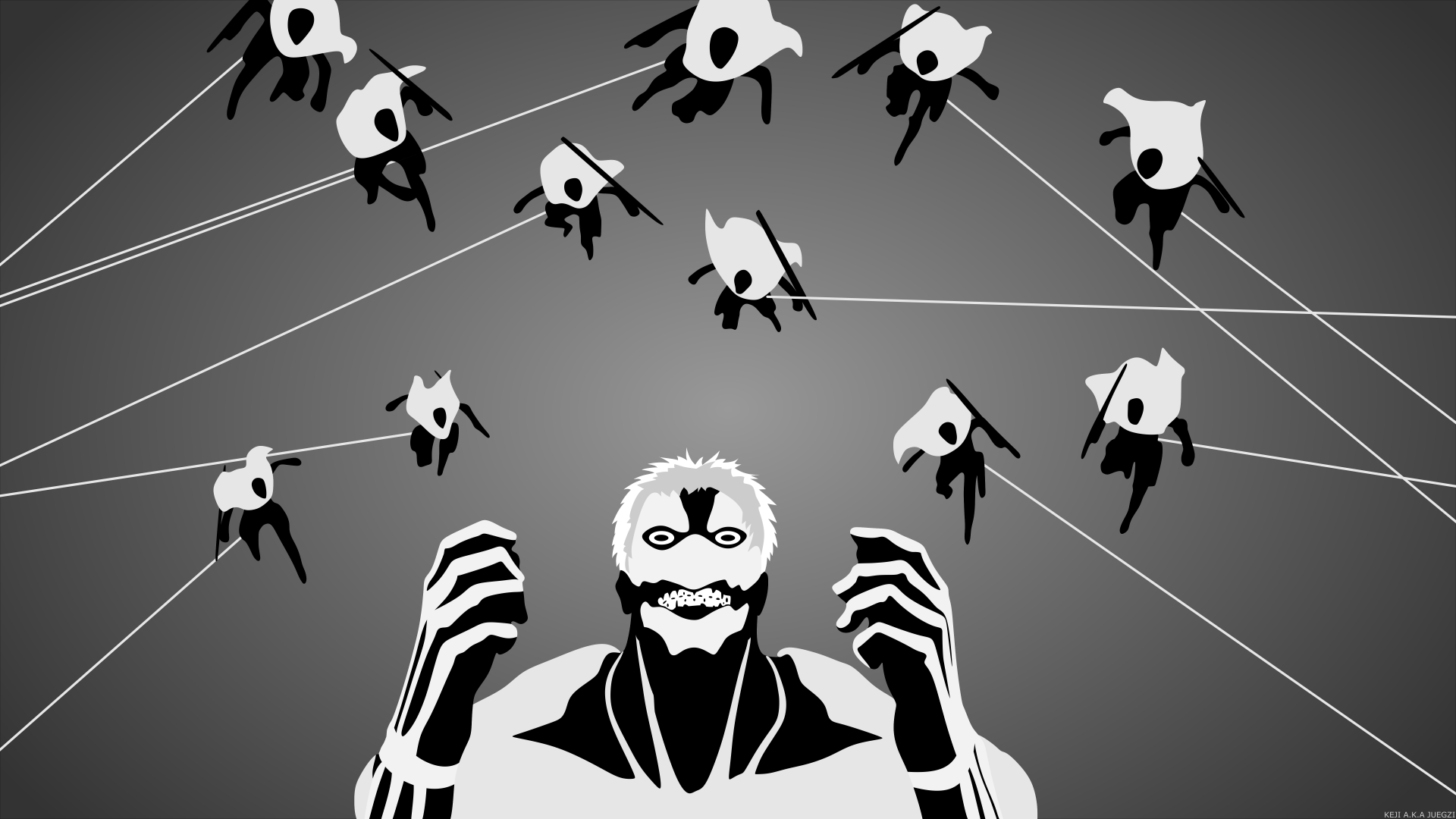 Minimalist black and white 8K Ultra HD anime wallpaper featuring the Armored Titan from Attack on Titan surrounded by airborne soldiers in a dynamic composition.