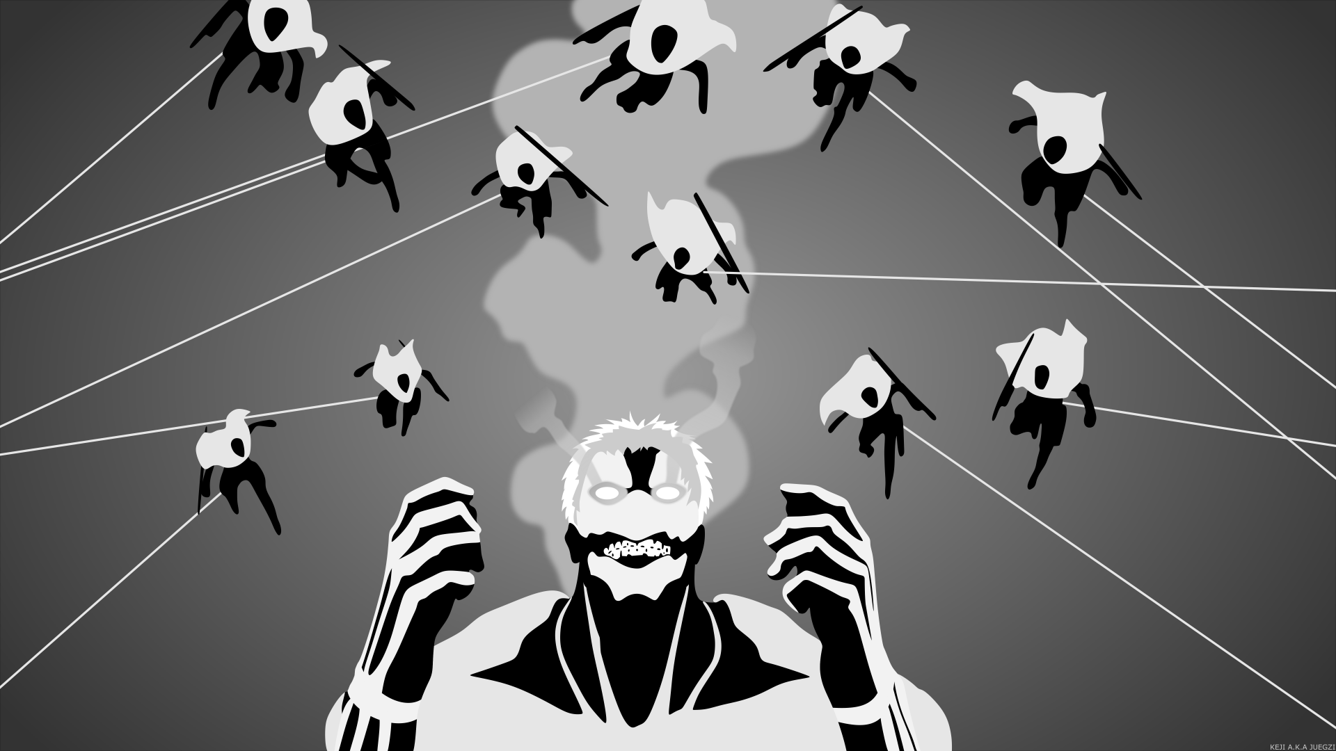 Minimalist black and white 8K Ultra HD anime wallpaper featuring the Armored Titan from Attack on Titan, rendered in a sleek, dramatic style with dynamic silhouettes.