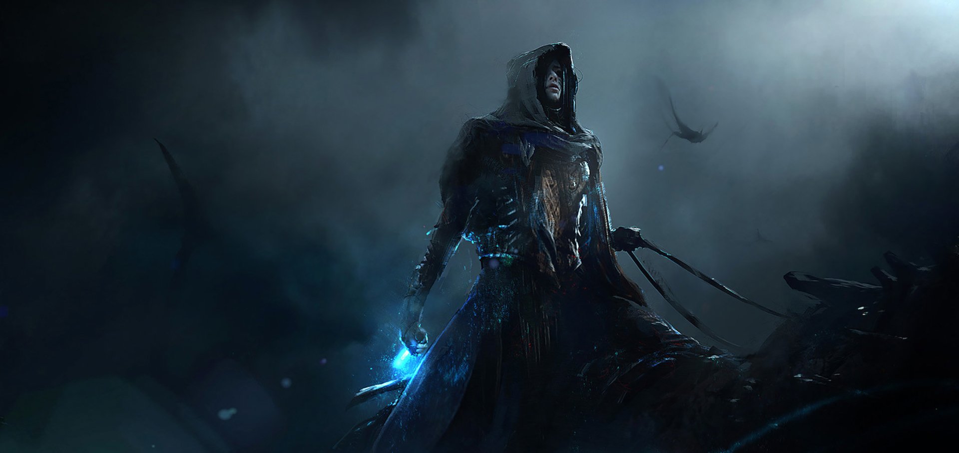 HD desktop wallpaper depicting a mysterious fantasy warrior clad in dark, tattered robes, holding a glowing blue weapon, set against a foggy, dramatic background.