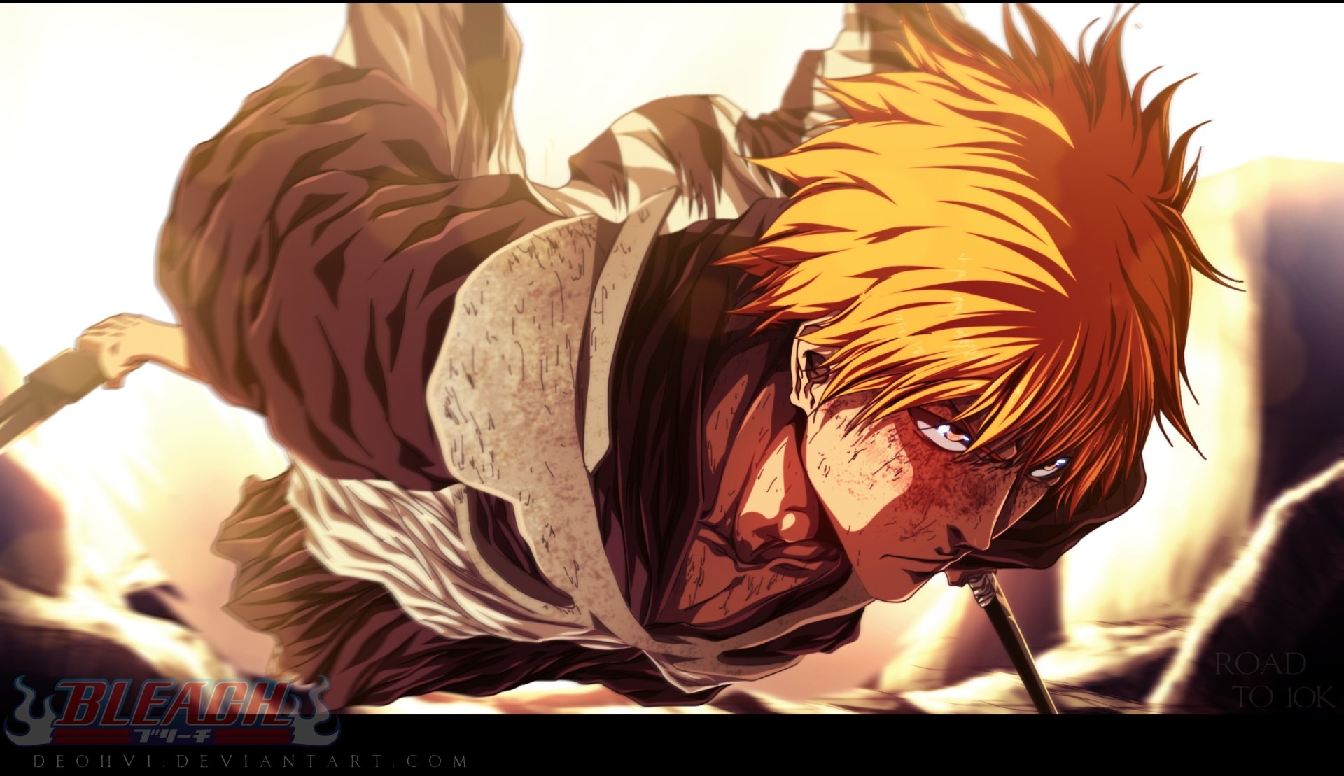 HD anime desktop wallpaper featuring Ichigo Kurosaki from Bleach, depicted with intense expression and vivid orange hair.