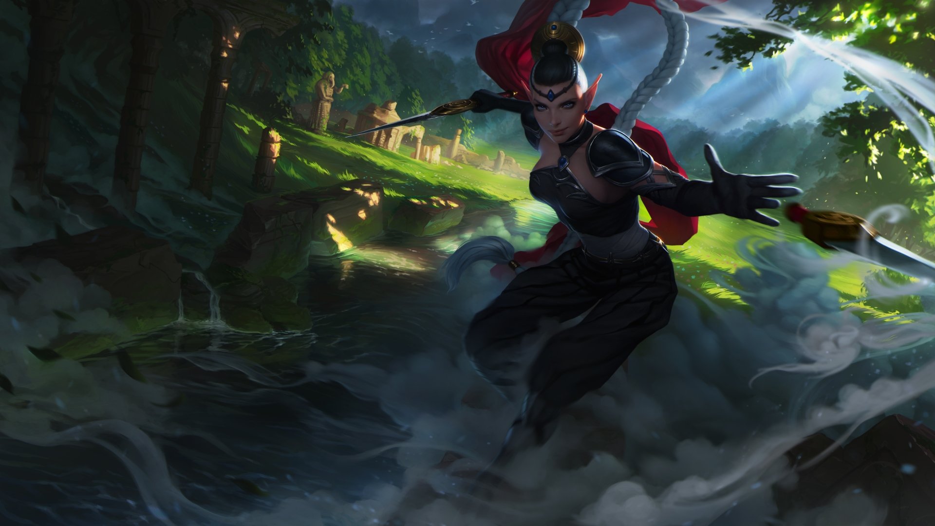 A blue-eyed elf woman warrior with a braid and dagger moves stealthily through a misty forest in this 4K Ultra HD fantasy desktop wallpaper.