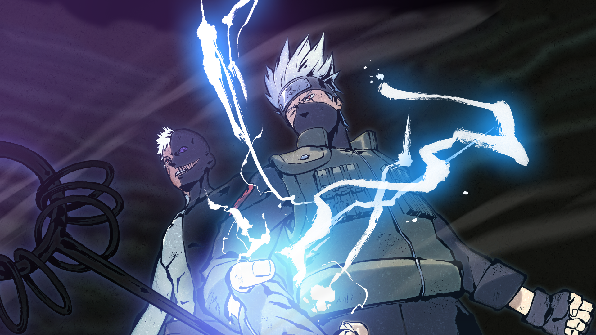 HD PC desktop wallpaper featuring Obito Uchiha and Kakashi Hatake from Naruto Shippuden: Ultimate Ninja Storm 4, showcasing their iconic combat poses with lightning effects.