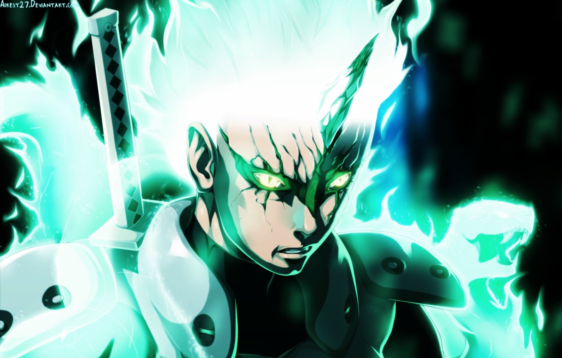 HD anime desktop wallpaper featuring Mitsuki from Boruto, glowing with intense energy and vibrant blue-green lightning effects.