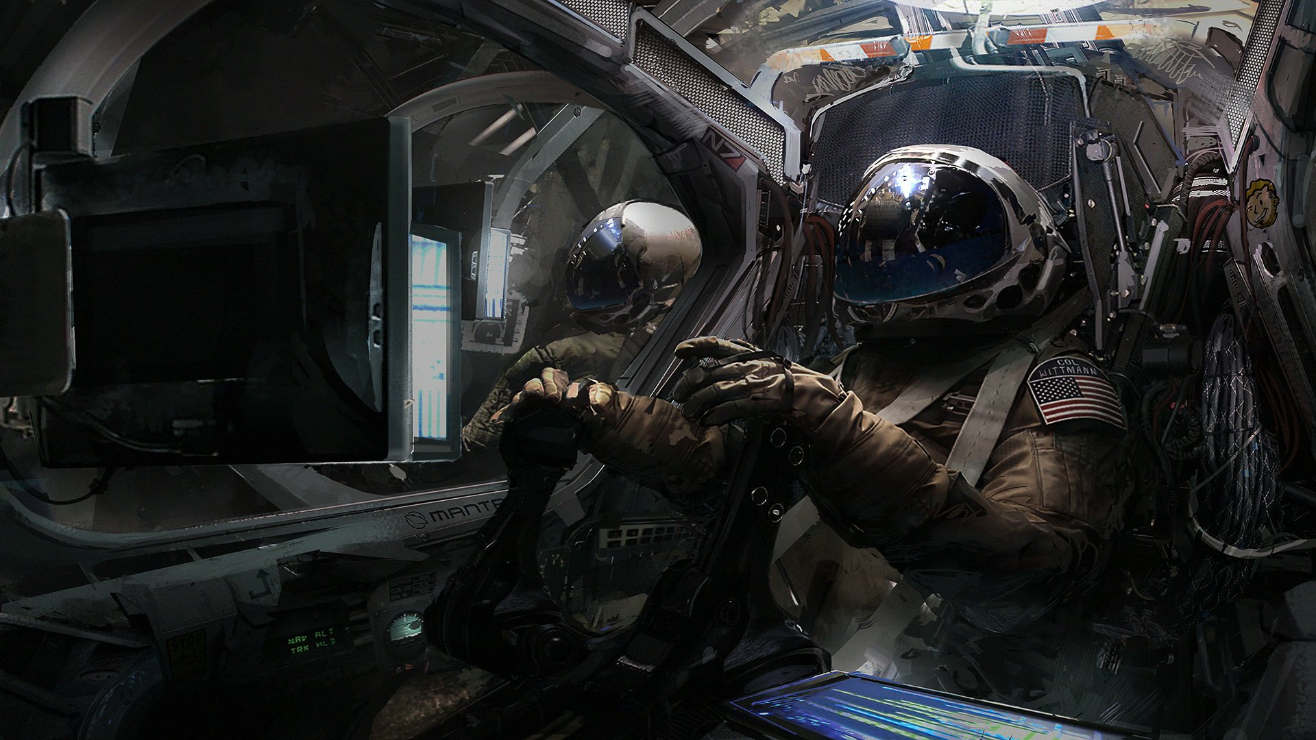 HD sci-fi wallpaper featuring an astronaut navigating a spaceship. The detailed cockpit and high-tech controls create an immersive background experience.