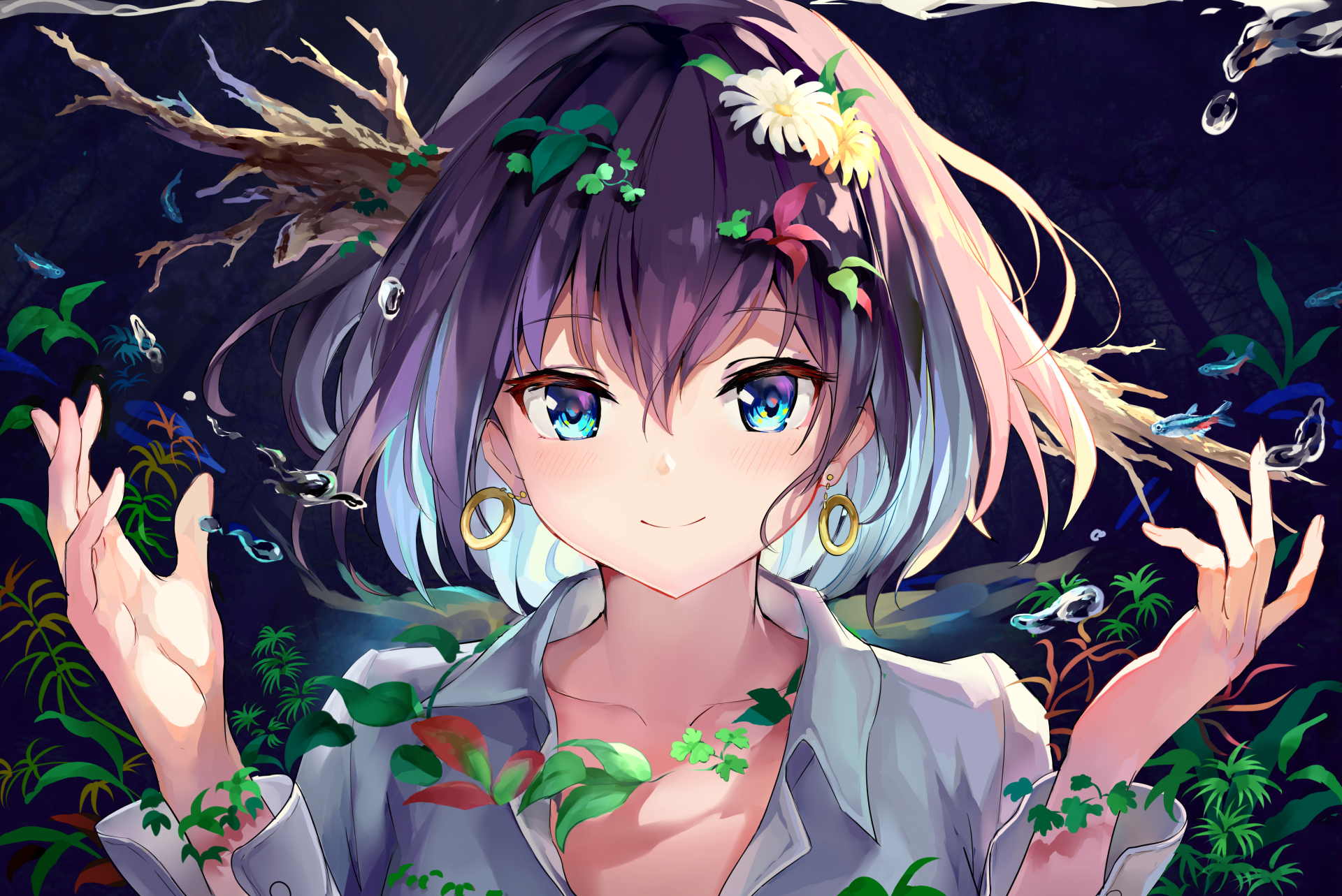 Anime-style HD desktop wallpaper featuring a vibrant girl with blue-green hair adorned with flowers, surrounded by a whimsical, dark floral backdrop.