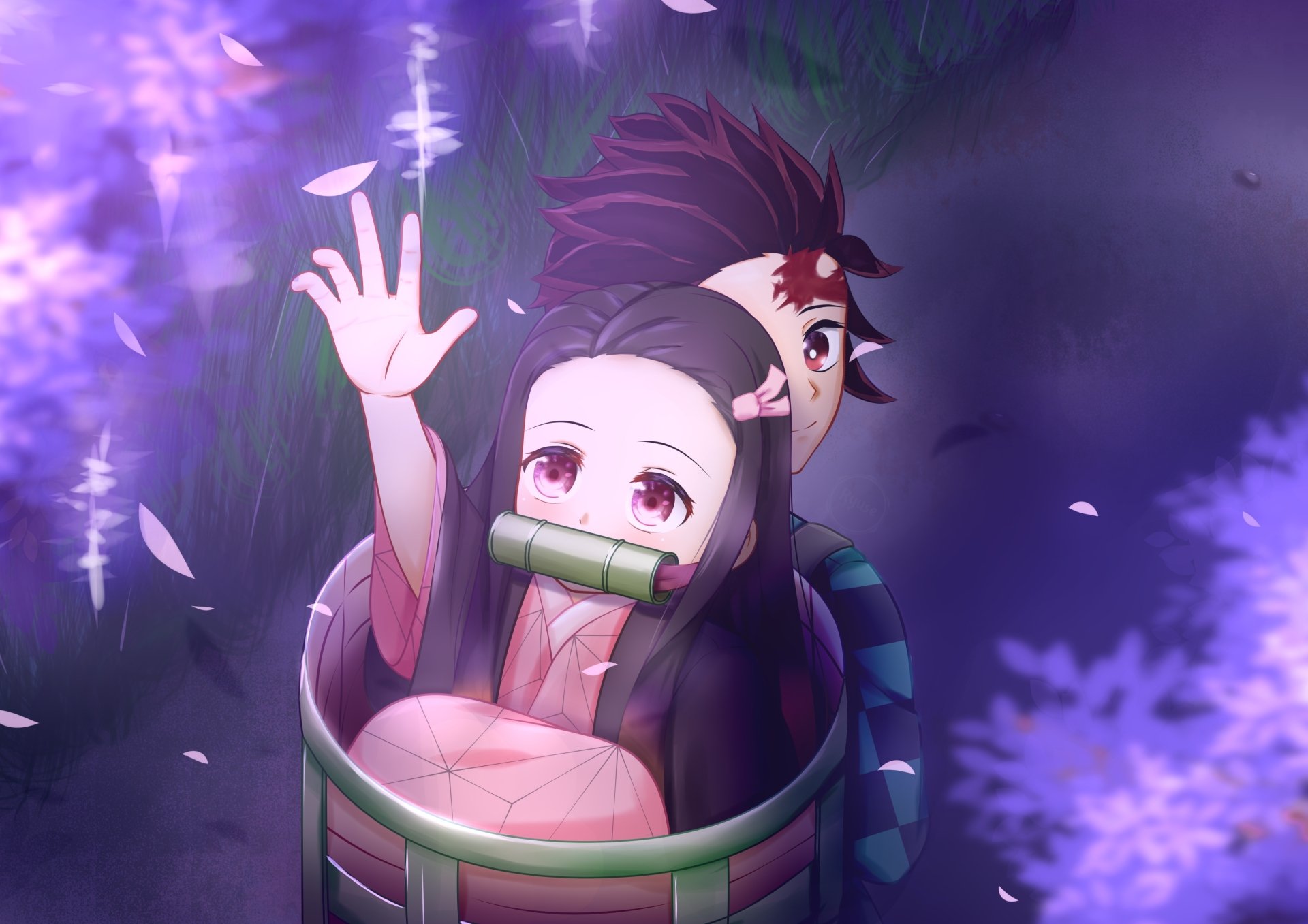 HD desktop wallpaper featuring Nezuko Kamado and Tanjiro Kamado from the anime Demon Slayer: Kimetsu no Yaiba, surrounded by ethereal purple light and petals.