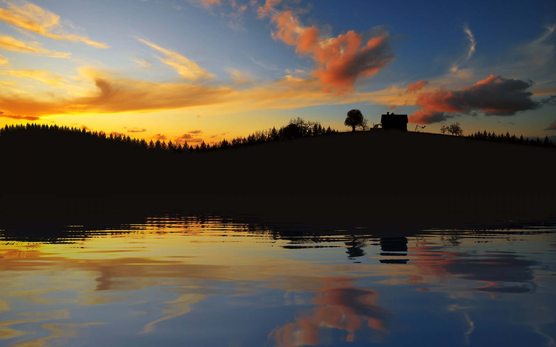 HD desktop wallpaper showing a serene sunset over a lake with clouds reflecting on the water and a house silhouetted against the natural landscape.