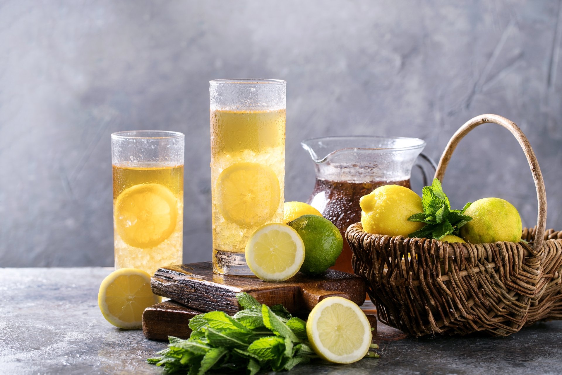 Download Still Life Glass Lemonade Basket Lemon Lime Food Drink 4k Ultra HD Wallpaper