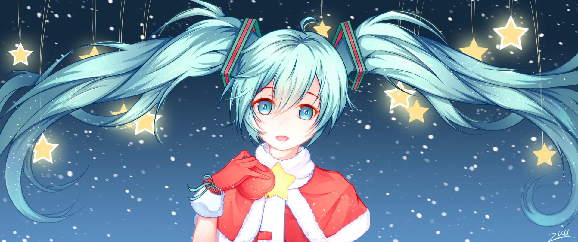 HD anime desktop wallpaper featuring Hatsune Miku from Vocaloid, dressed in a festive red and white outfit with glowing stars and a night sky background.