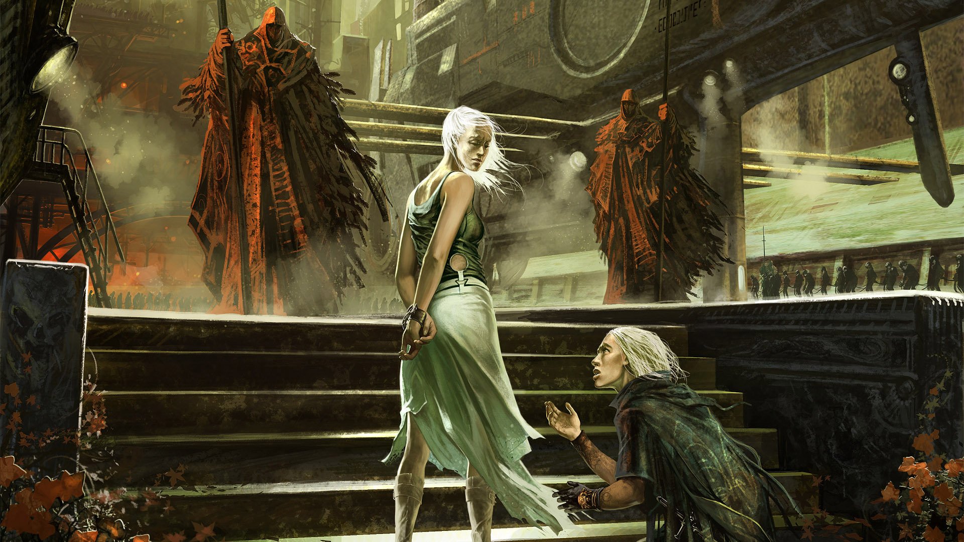 A fantasy-themed HD desktop wallpaper featuring a woman in a flowing dress, standing on stairs as she interacts with another character, set against a dramatic, atmospheric backdrop.