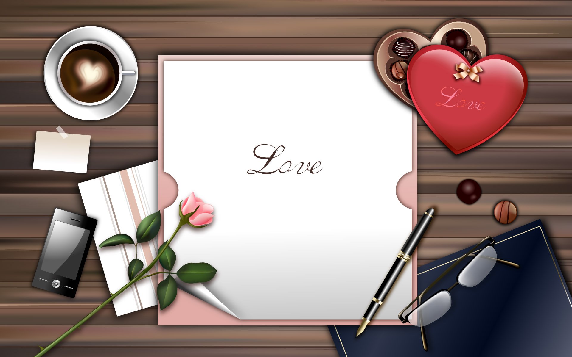 HD PC desktop wallpaper featuring a Valentine's Day theme with a love letter, heart-shaped chocolates, a rose, coffee, and writing essentials on a wooden table.