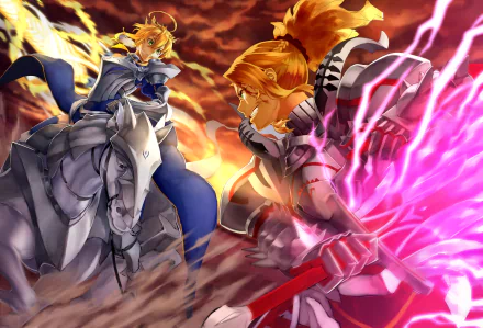 Dynamic 4K Ultra HD anime wallpaper featuring Mordred and Artoria Pendragon from Fate/Grand Order in intense battle, showcasing Lancer and Saber class characters.