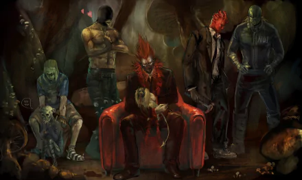HD PC desktop wallpaper featuring Shin, Noi, Kikurage, Fujita, En, Ebisu, and Chota from the anime Dorohedoro in a dark, gritty setting.