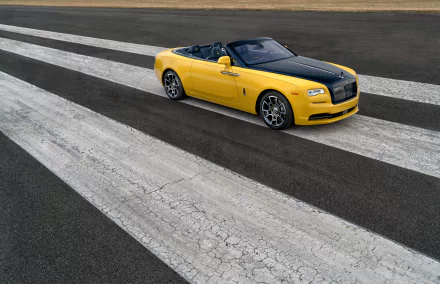 Yellow Rolls-Royce Dawn convertible displayed on a textured asphalt surface with bold white stripes, captured in stunning 4K Ultra HD for PC desktop background.