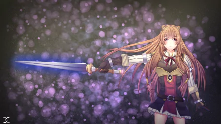 HD PC desktop wallpaper featuring Raphtalia from the anime The Rising of the Shield Hero, holding a glowing sword against a sparkling, purple-hued background.