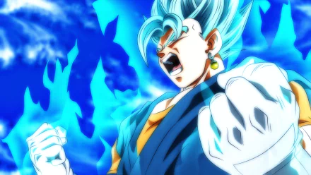 Vegito in Super Saiyan Blue form unleashing energy, featured in Dragon Ball Super and Super Dragon Ball Heroes, captured in a vibrant 4K Ultra HD anime wallpaper.