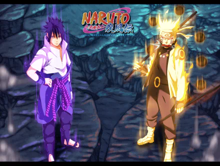 Naruto Uzumaki and Sasuke Uchiha face off in a glowing anime showdown — 2K Quad HD PC desktop wallpaper/background.