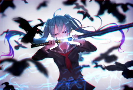 Anime-style HD wallpaper featuring Hatsune Miku wielding a katana, surrounded by crows. The vibrant background and dynamic pose create an intense and captivating visual.