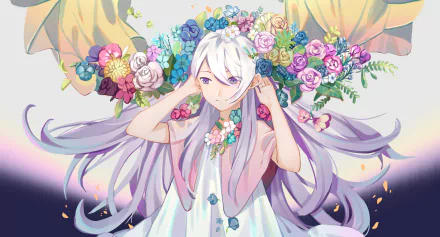 Anime-style original character with long grey hair and purple eyes, surrounded by colorful flowers, set against a soft, artistic background. HD PC desktop wallpaper.