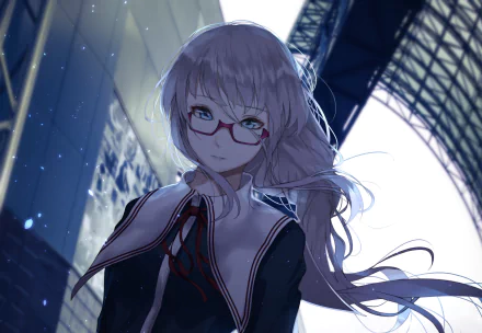 Anime character with long white hair, blue eyes, and glasses wearing a detailed school uniform, set against a striking background. HD desktop wallpaper and background.