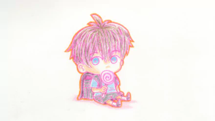 Chibi Child Emperor from One-Punch Man (Season 2) anime HD PC desktop wallpaper: tiny figure sitting with a lollipop, pastel neon outline and soft white background.